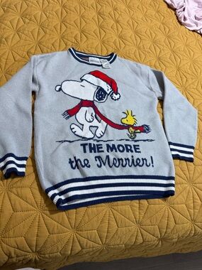 Peanuts Light Blue Holiday Snoopy & Woodstock Sweater with Red Accents